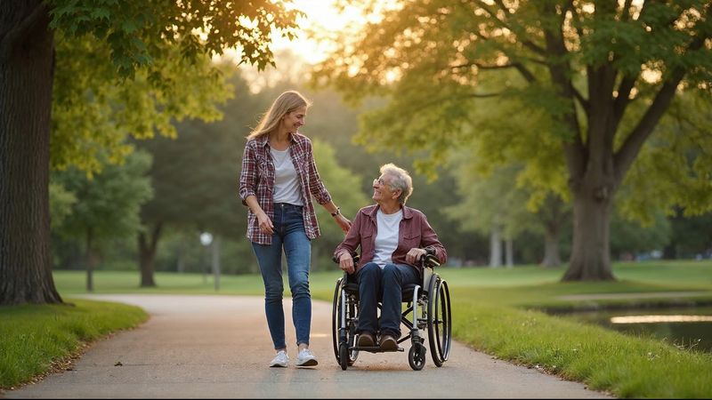 A woman walks beside an older friend using a wheelchair along a tree-lined park path at golden hour