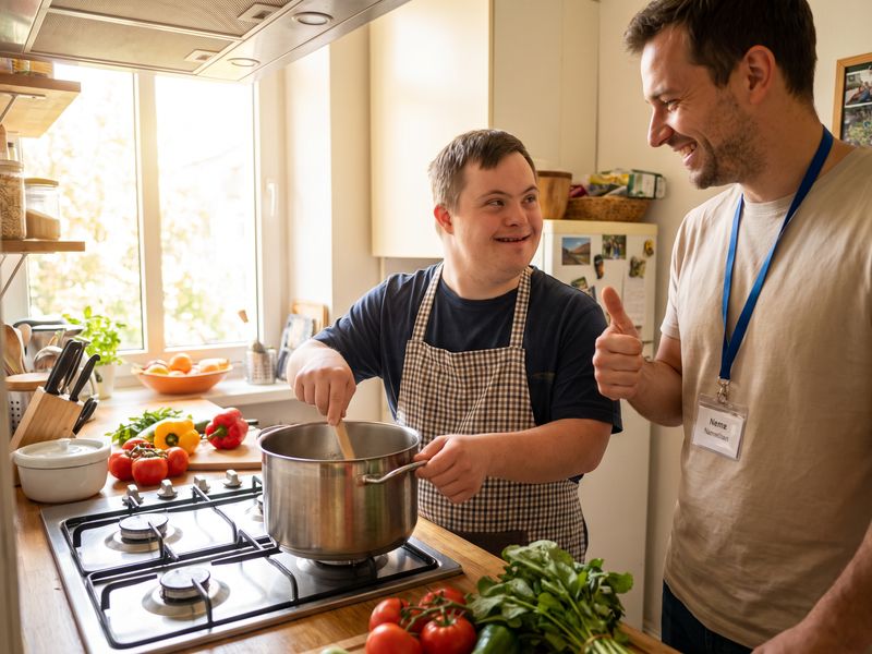 A young man with Down syndrome in an apron stirs a pot on the stove while his support worker smiles and gives a thumbs up